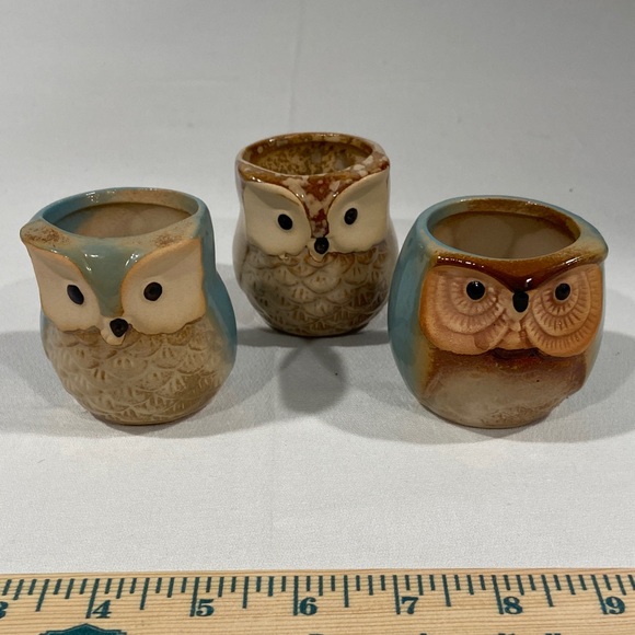 Set of 3 Mini Owl Ceramic Planters • Air Plant / Toothpick Holders - Picture 2 of 8
